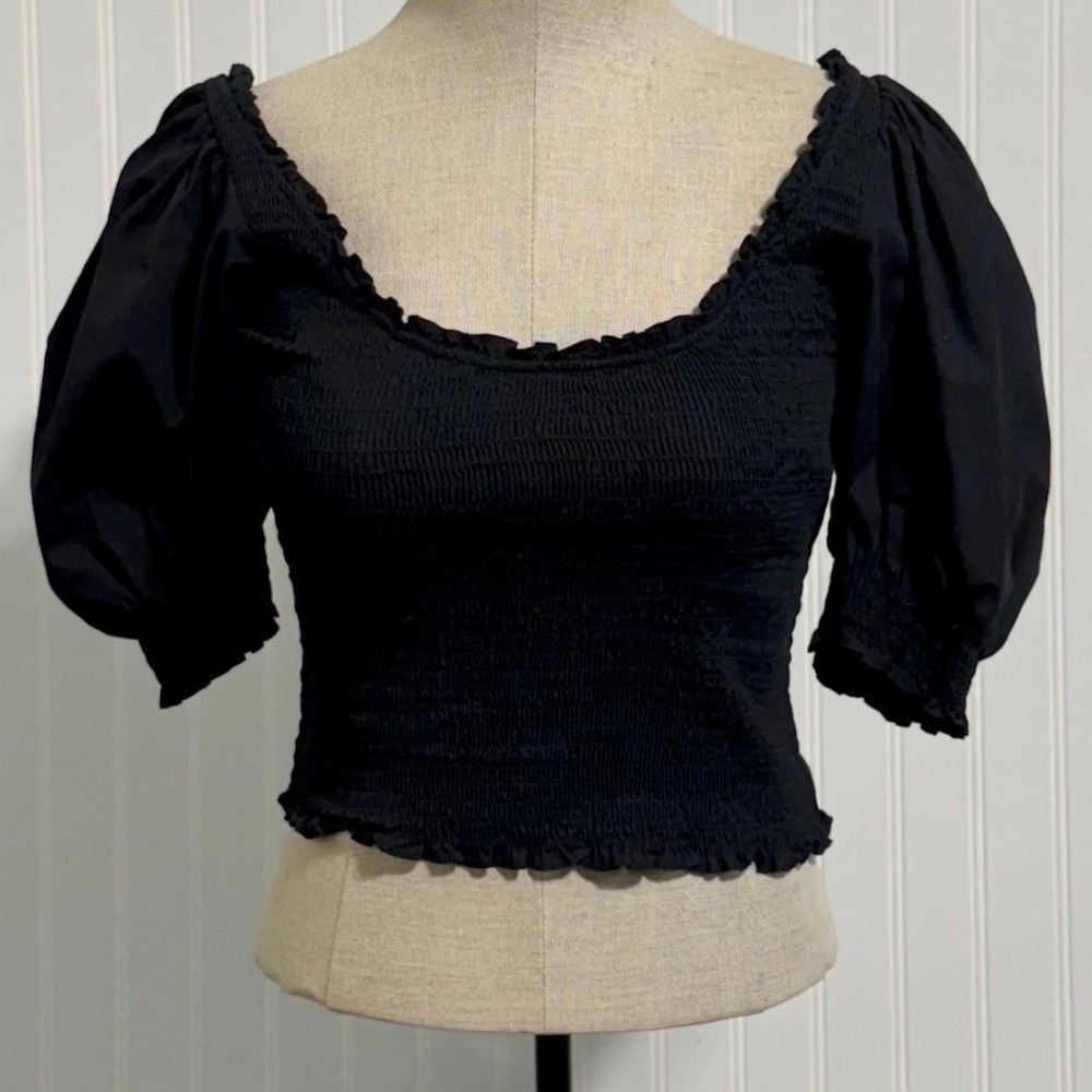 Hill House Home Size M Black Smocked Puff Sleeve Crop Top 100% Cotton Boho